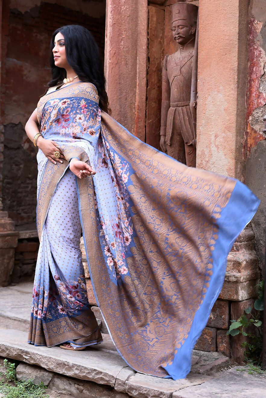 Dusty Blue Crepe Chiffon Pure Handloom Banarasi Silk Saree