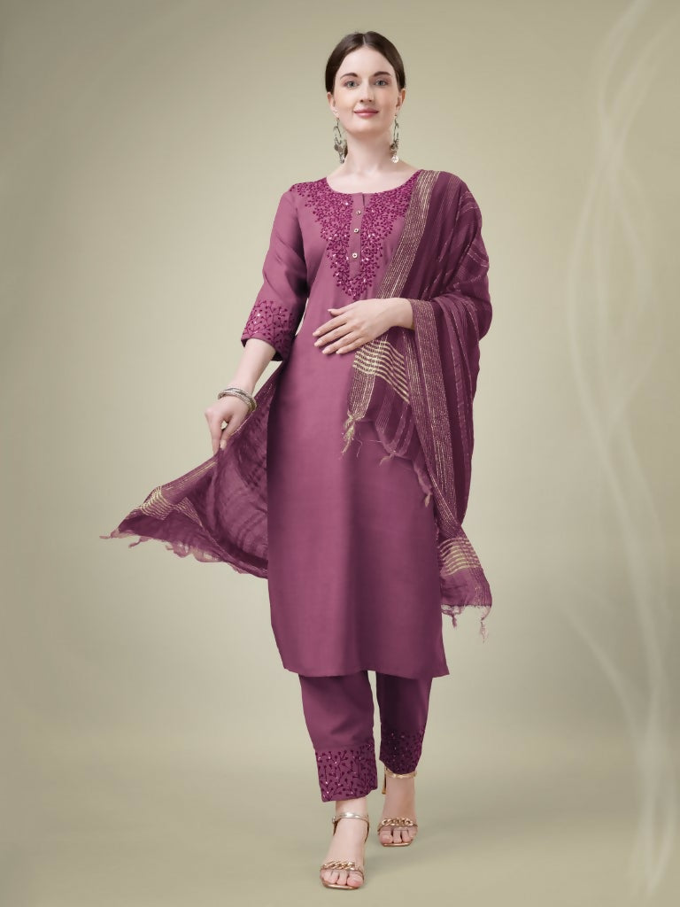 Onion pink cotton blend straight kurta with gold embroidery and sequence work, matching trousers, and dupatta.