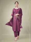 Onion pink cotton blend straight kurta with gold embroidery and sequence work, matching trousers, and dupatta.