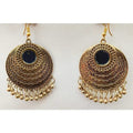 Traditional gold-plated Chandbali earrings with mirror work and gold drops.