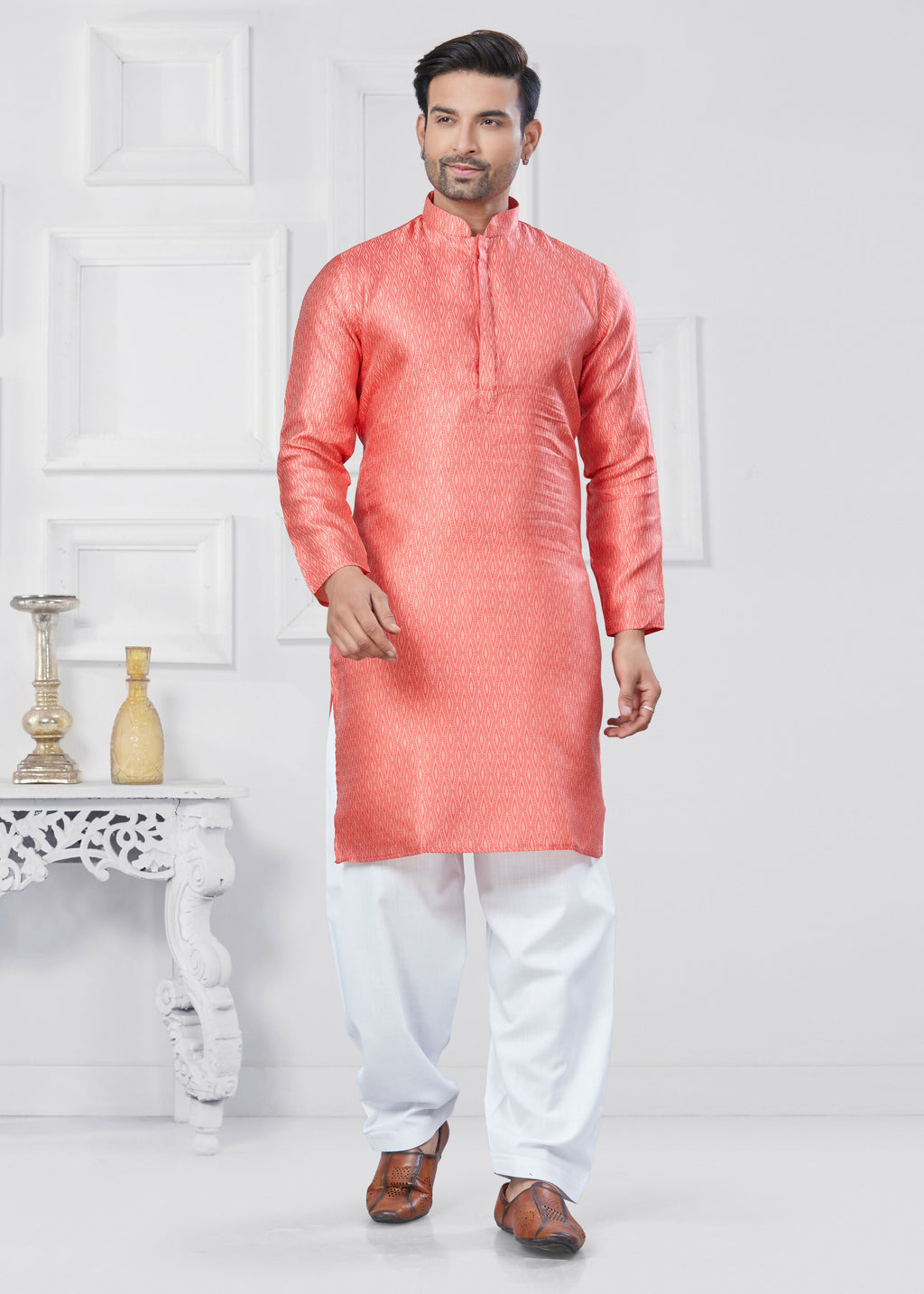 Boys pink jacquard silk printed kurta and pyjama set for traditional occasions