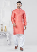 Boys pink jacquard silk printed kurta and pyjama set for traditional occasions