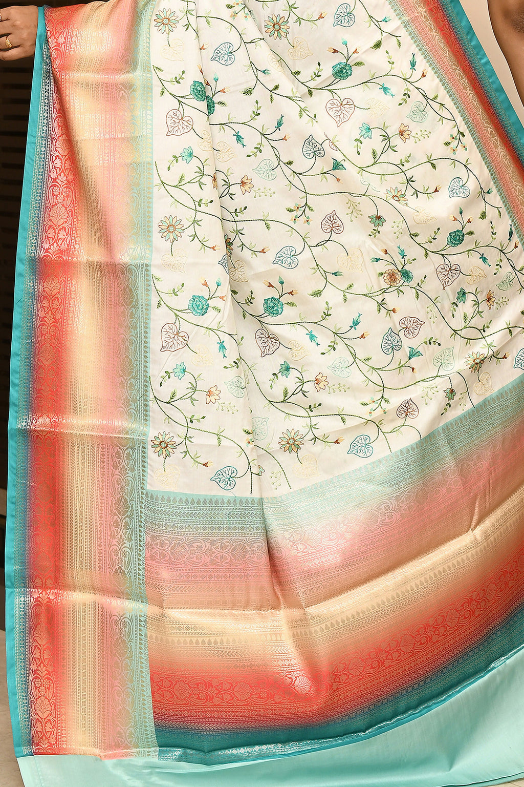 Multicolor Kataan Rainbow Digital Print Saree with Embroidery