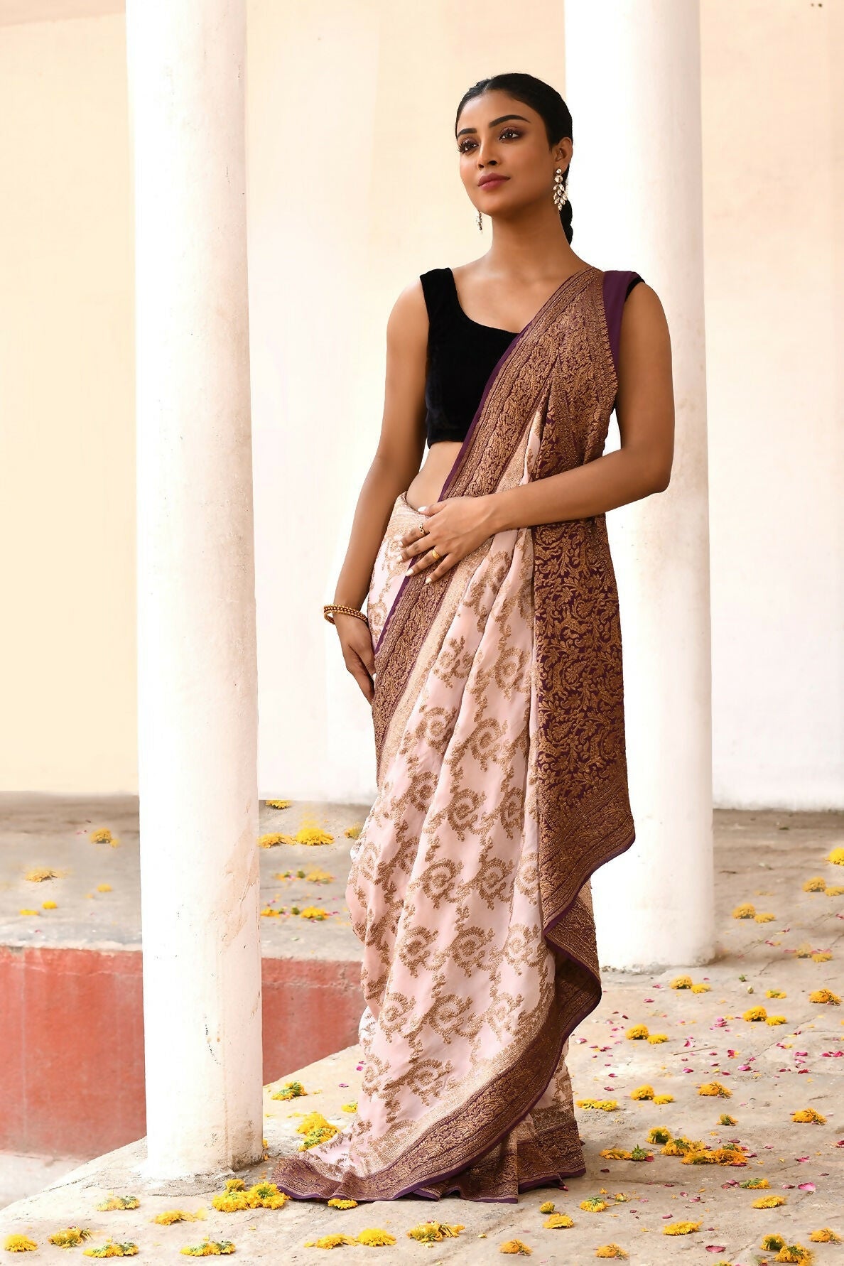 Ivory Crepe Chiffon Handloom Banarasi Silk Saree