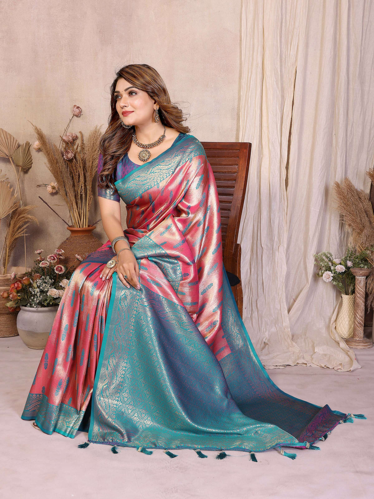 Pink Tissue Silk Saree with Traditional Paithani Woven Work
