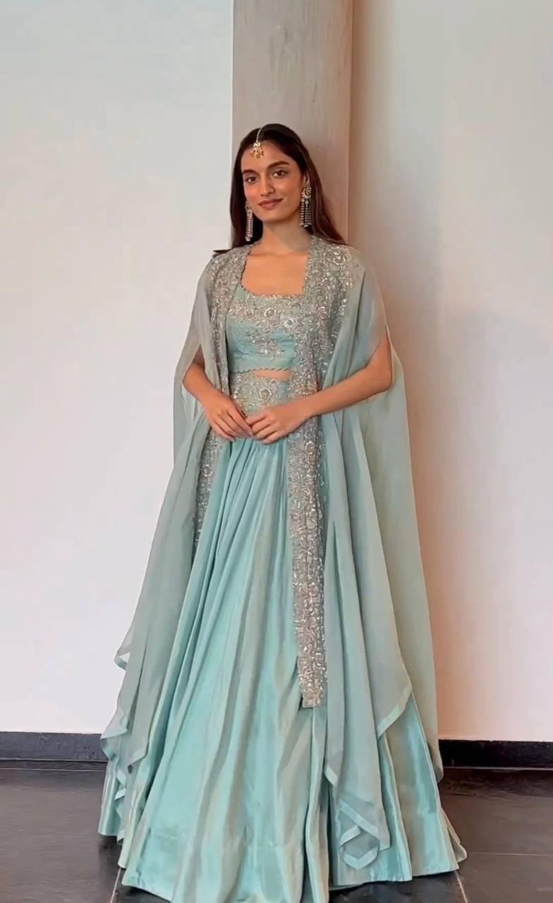 Light Sky Blue Chinon Silk Sequence Work Wedding Lehenga Choli