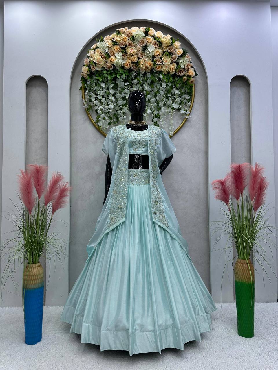 Light Sky Blue Chinon Silk Sequence Work Wedding Lehenga Choli