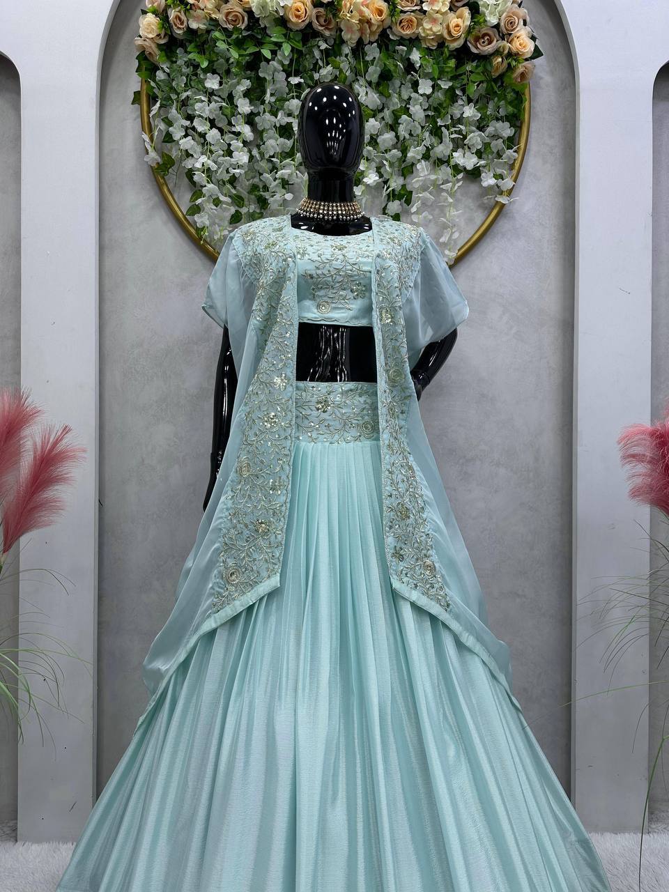 Light Sky Blue Chinon Silk Sequence Work Wedding Lehenga Choli