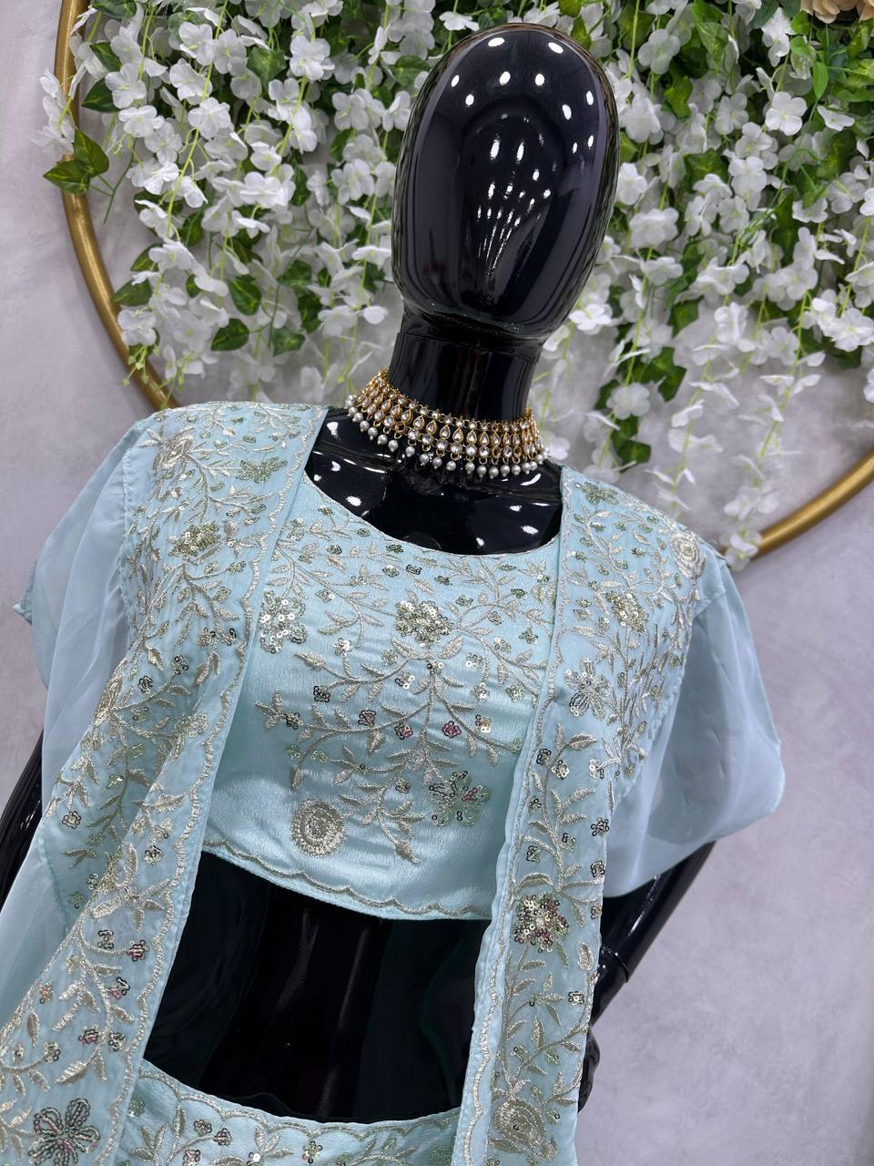 Light Sky Blue Chinon Silk Sequence Work Wedding Lehenga Choli