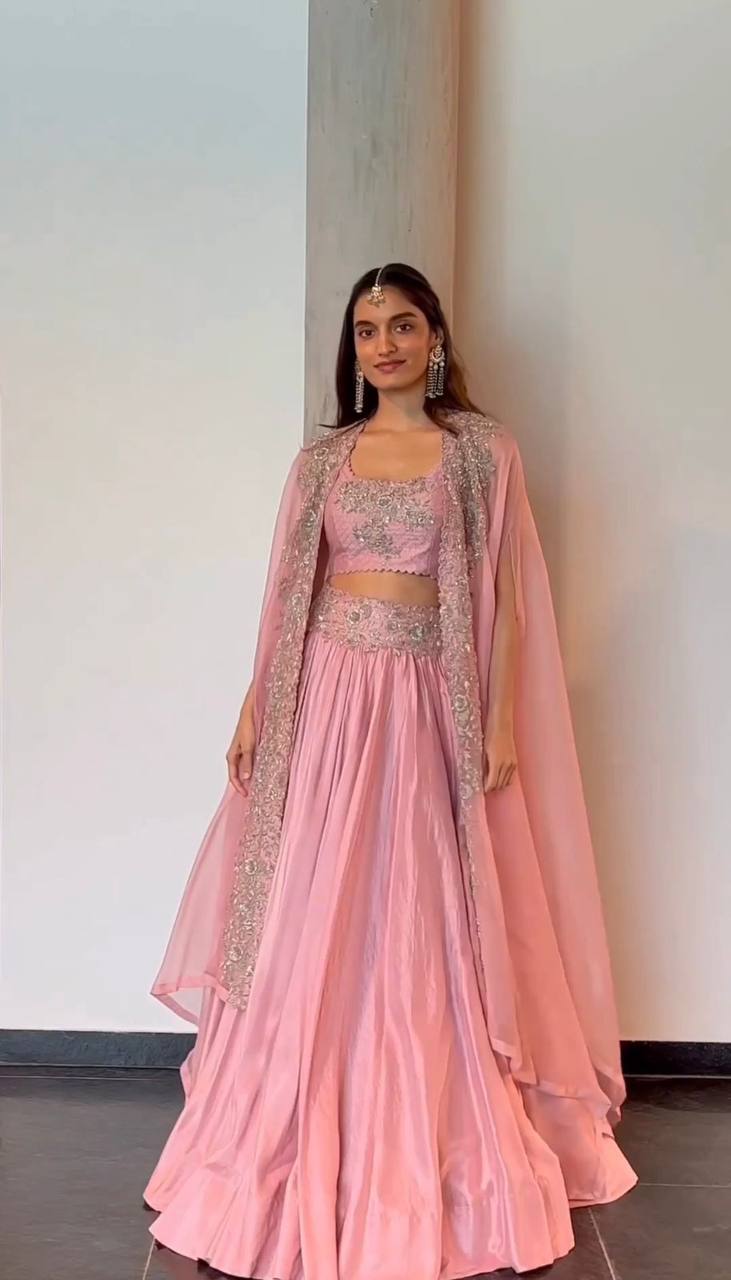Prazu Fashion Peach Chinon Silk Thread Sequence Wedding Lehenga Choli