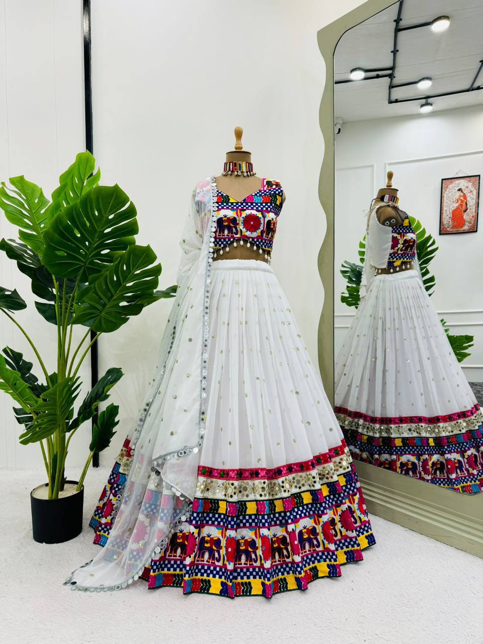 White Georgette Sequence and Chainstitch Navaratri Lehenga Set