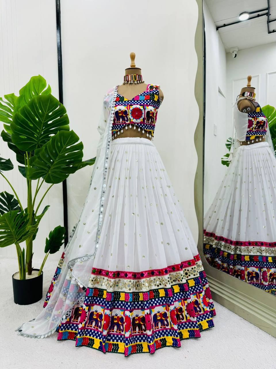 White Georgette Sequence and Chainstitch Navaratri Lehenga Set