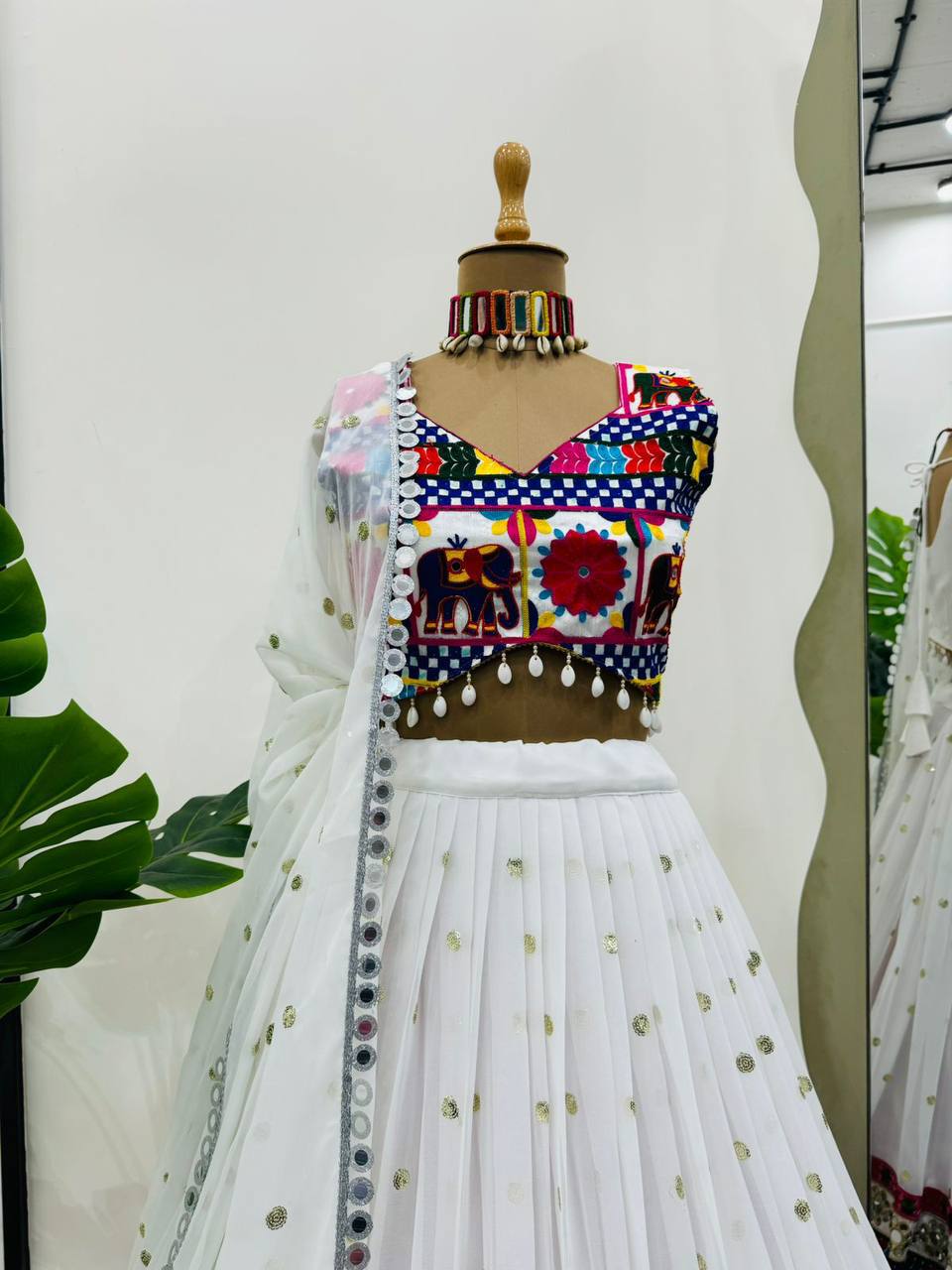 White Georgette Sequence and Chainstitch Navaratri Lehenga Set
