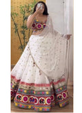 White georgette lehenga with mirror work and chainstitch detail for Navaratri