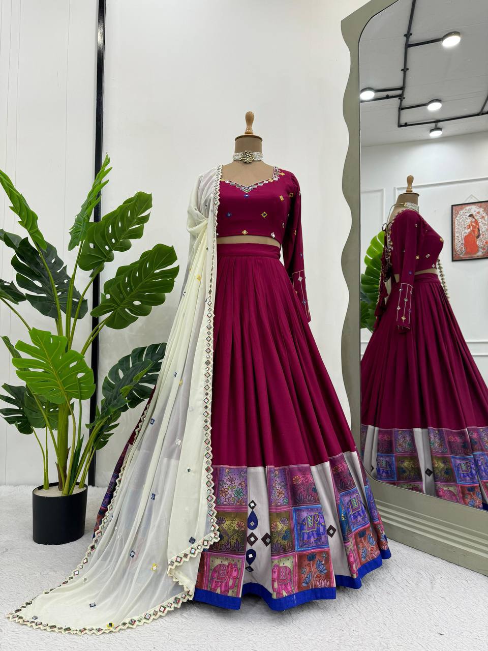 Prazu Fashion Wine Rayon Printed With Mirror Work Navaratri Lehenga