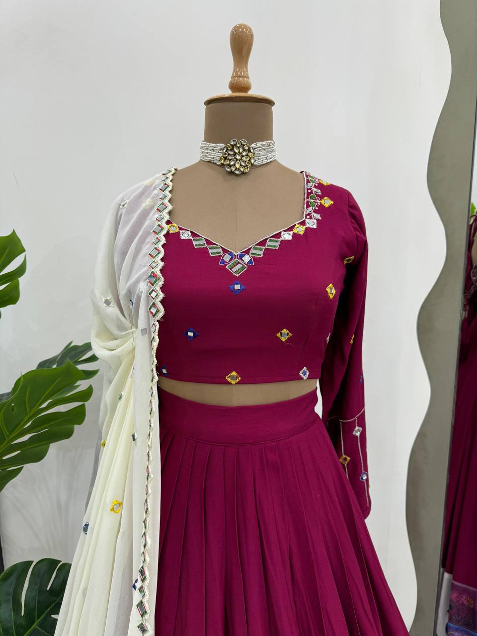 Prazu Fashion Wine Rayon Printed With Mirror Work Navaratri Lehenga