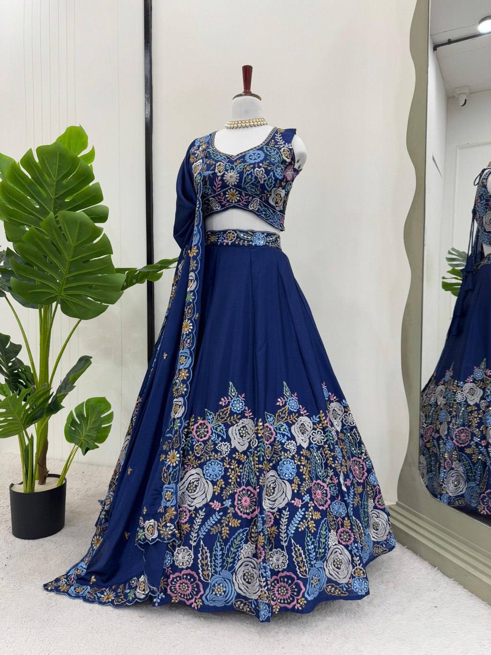 Blue Chinon Silk Wedding Lehenga Choli with Sequence Embroidery