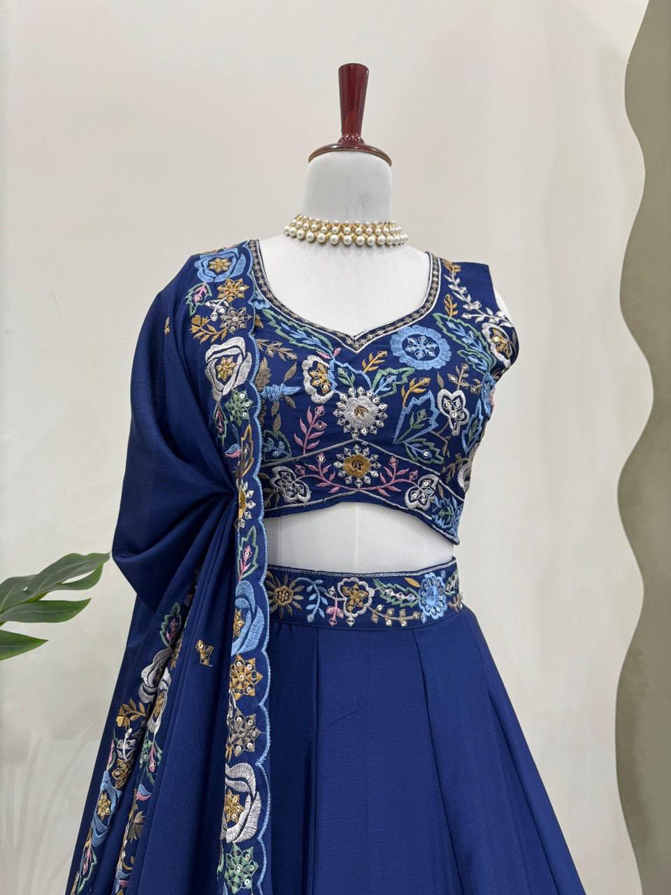Blue Chinon Silk Wedding Lehenga Choli with Sequence Embroidery