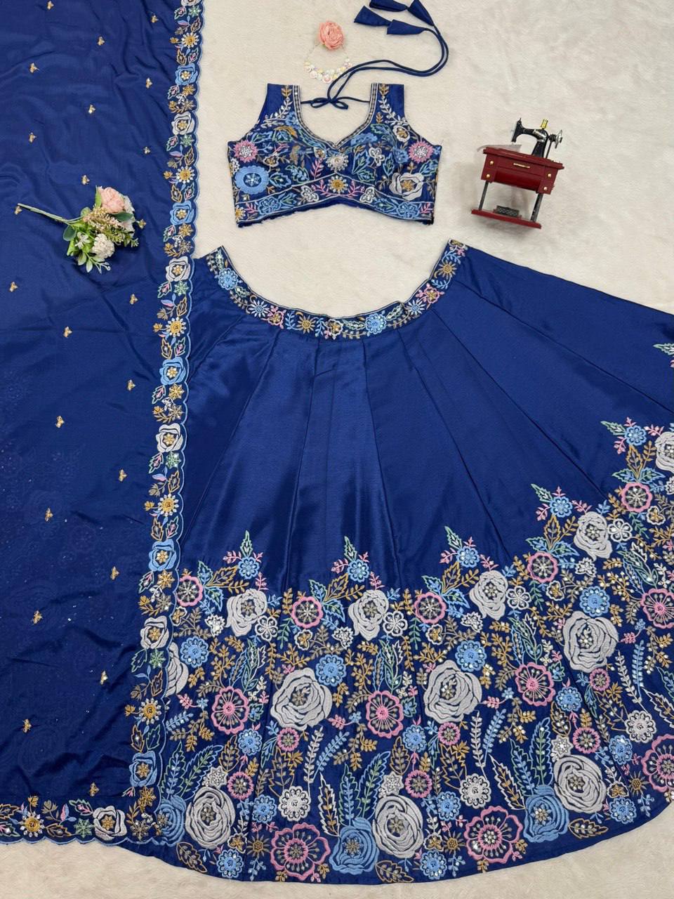 Blue Chinon Silk Wedding Lehenga Choli with Sequence Embroidery