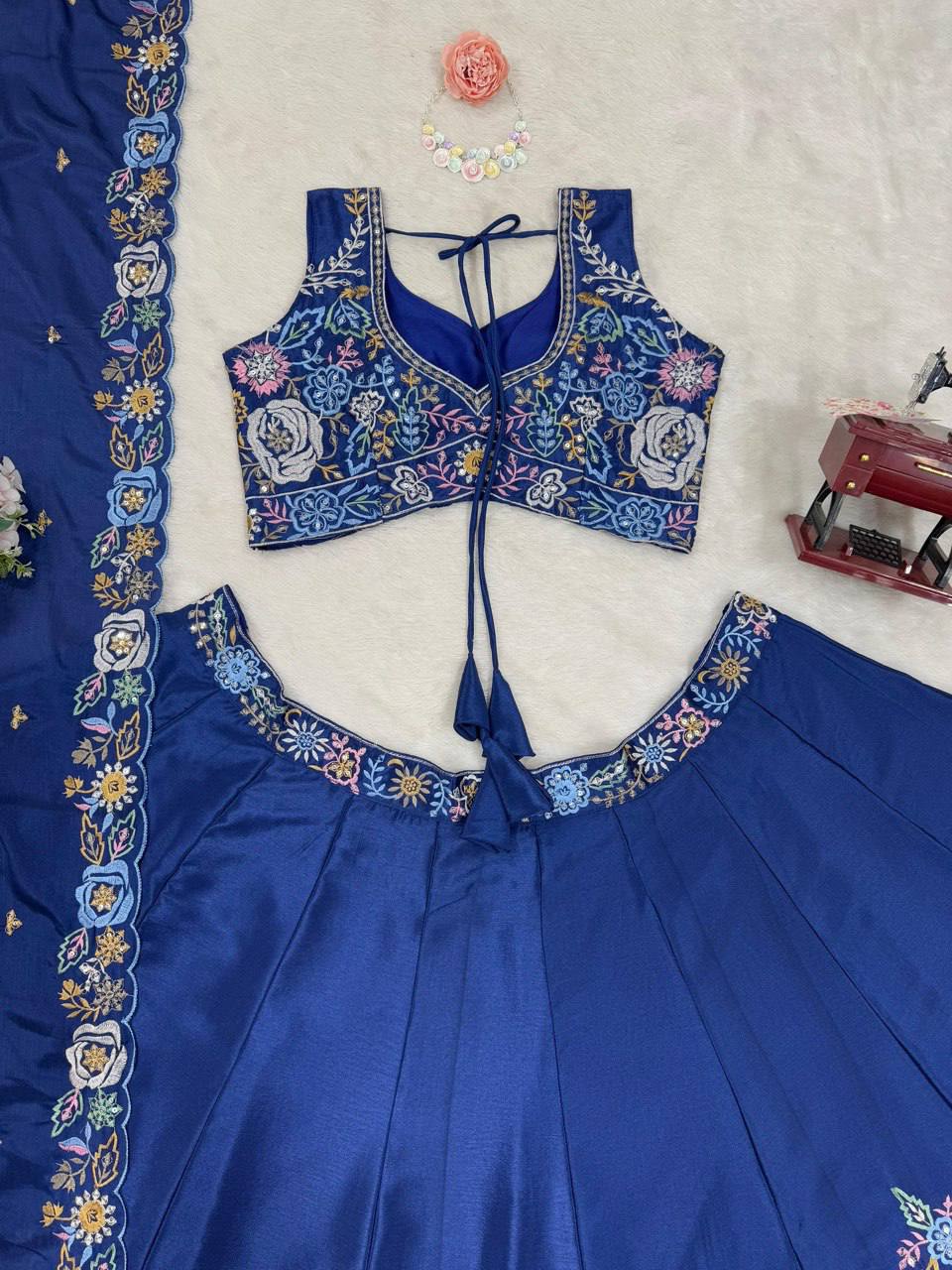 Blue Chinon Silk Wedding Lehenga Choli with Sequence Embroidery