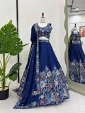 Elegant blue Chinon Silk wedding lehenga choli featuring detailed thread and sequence work.