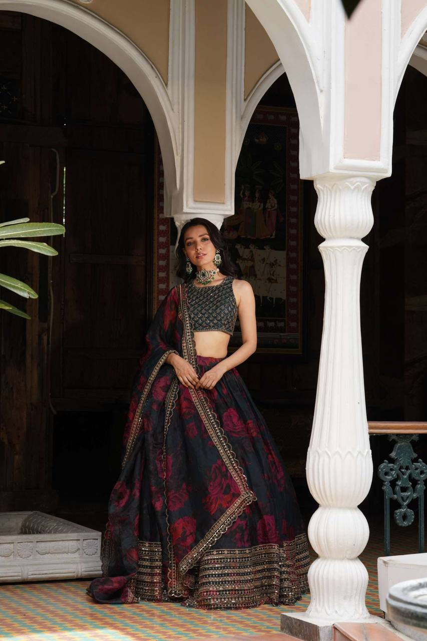 Black Organza Digital Printed Lehenga Choli for Festive Wear