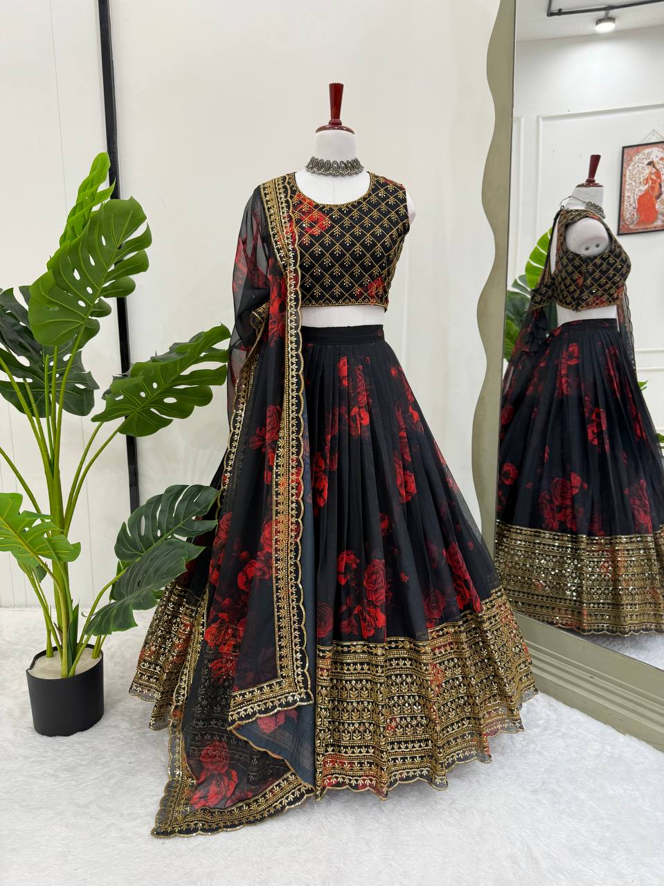 Black Organza Digital Printed Lehenga Choli for Festive Wear