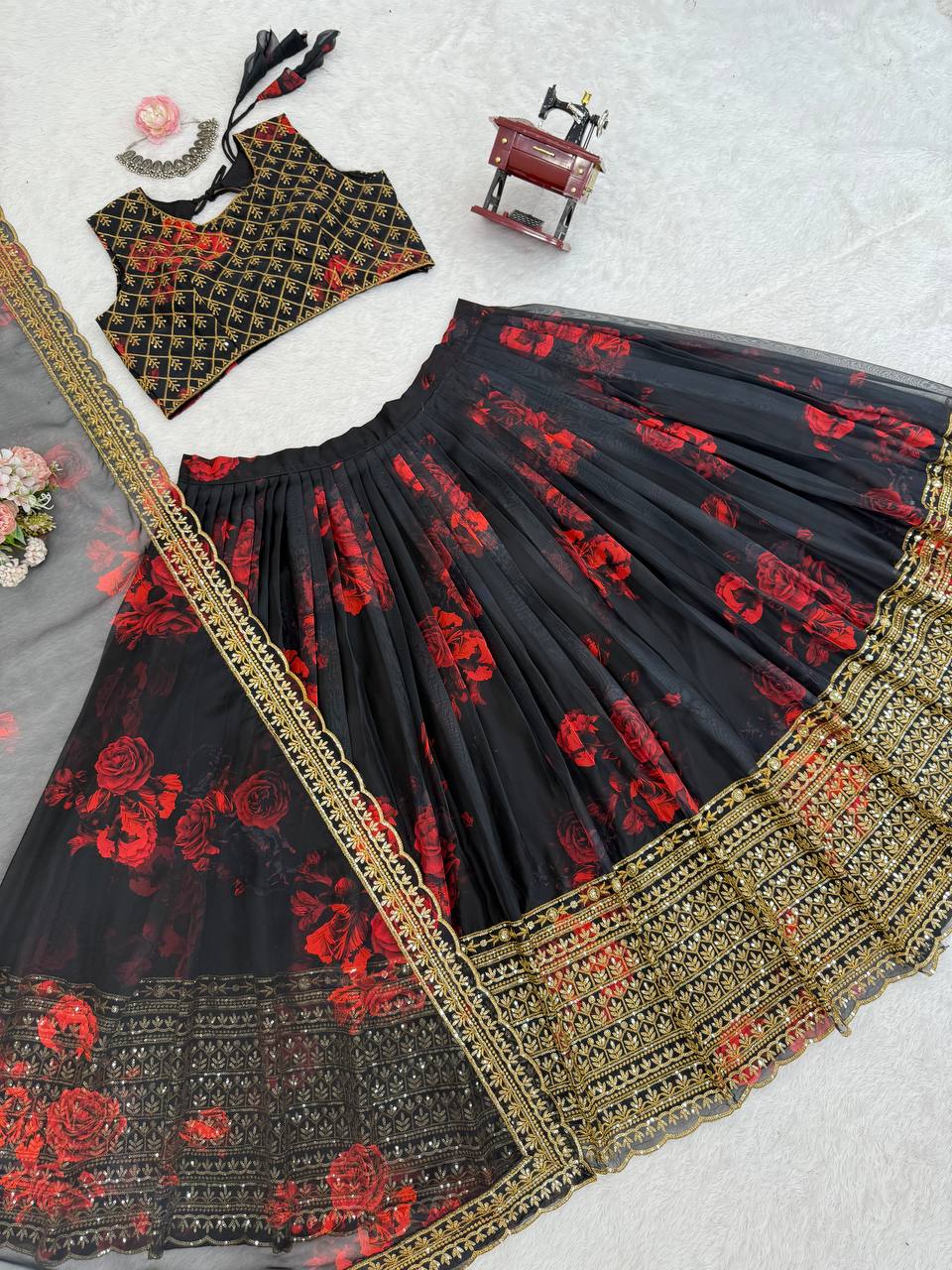Black Organza Digital Printed Lehenga Choli for Festive Wear