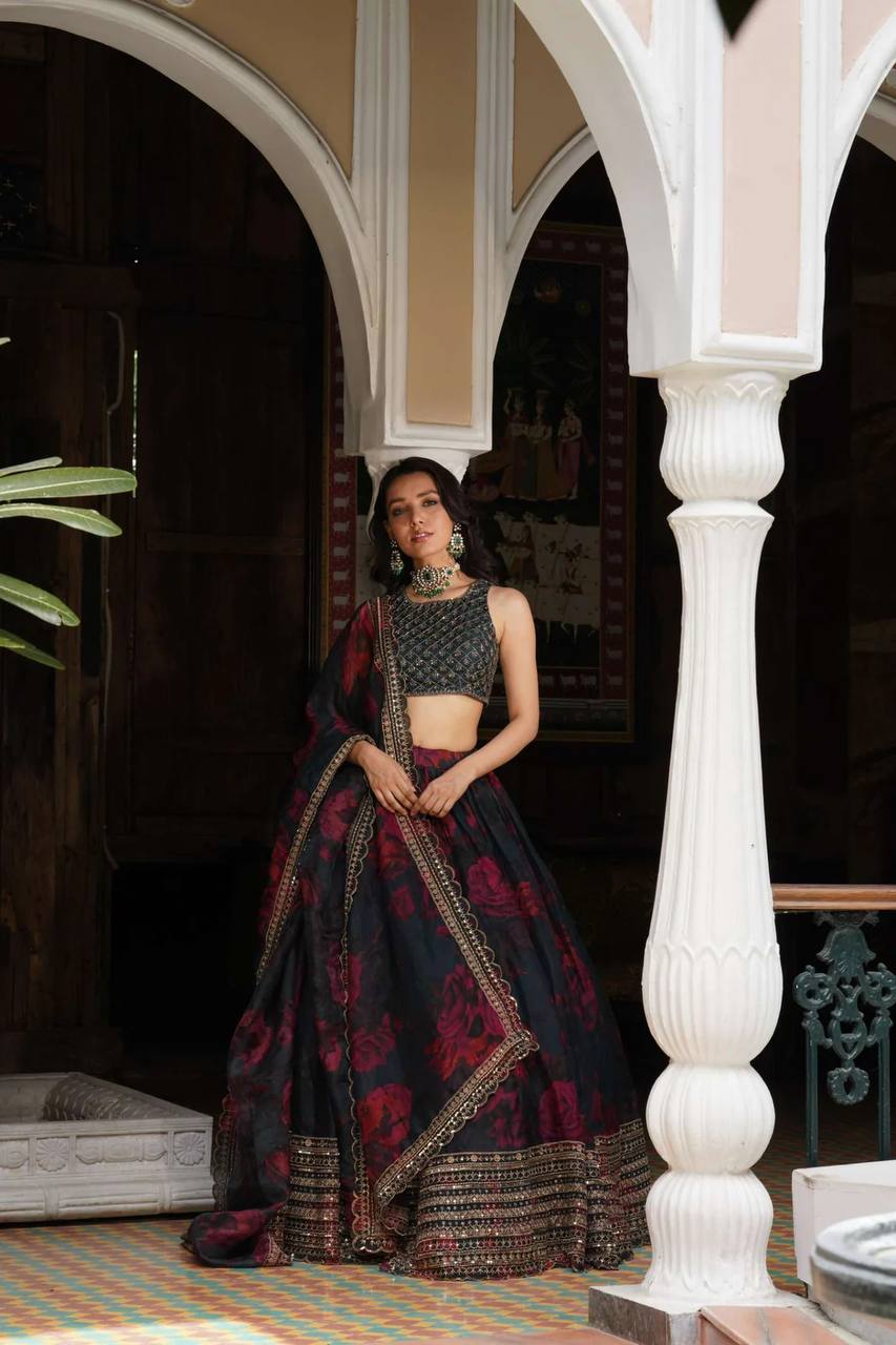 Black Organza Lehenga Choli featuring modern digital prints and elegant flowy fabric