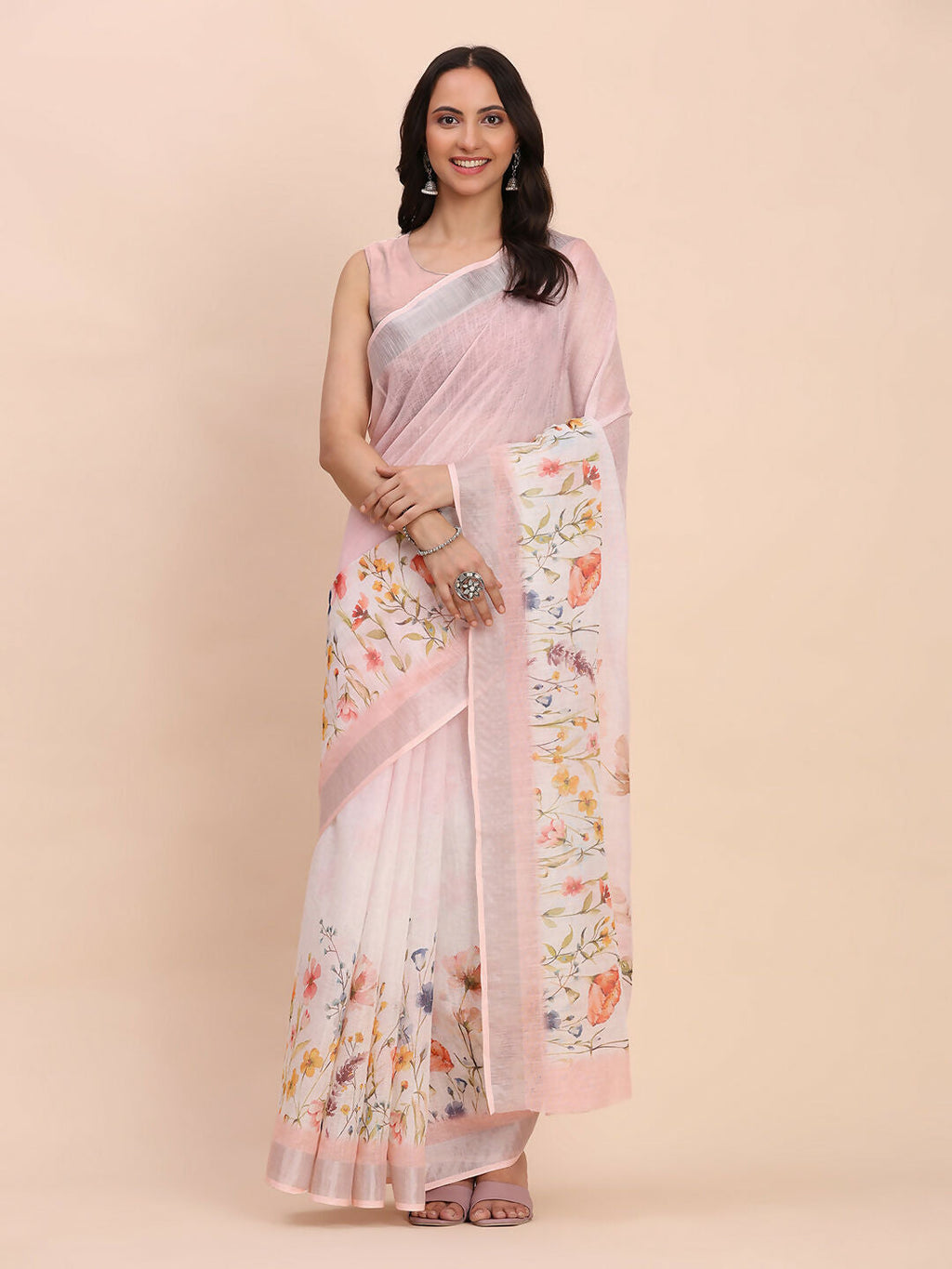 Light Pink Linen Cotton Saree with Matching Blouse