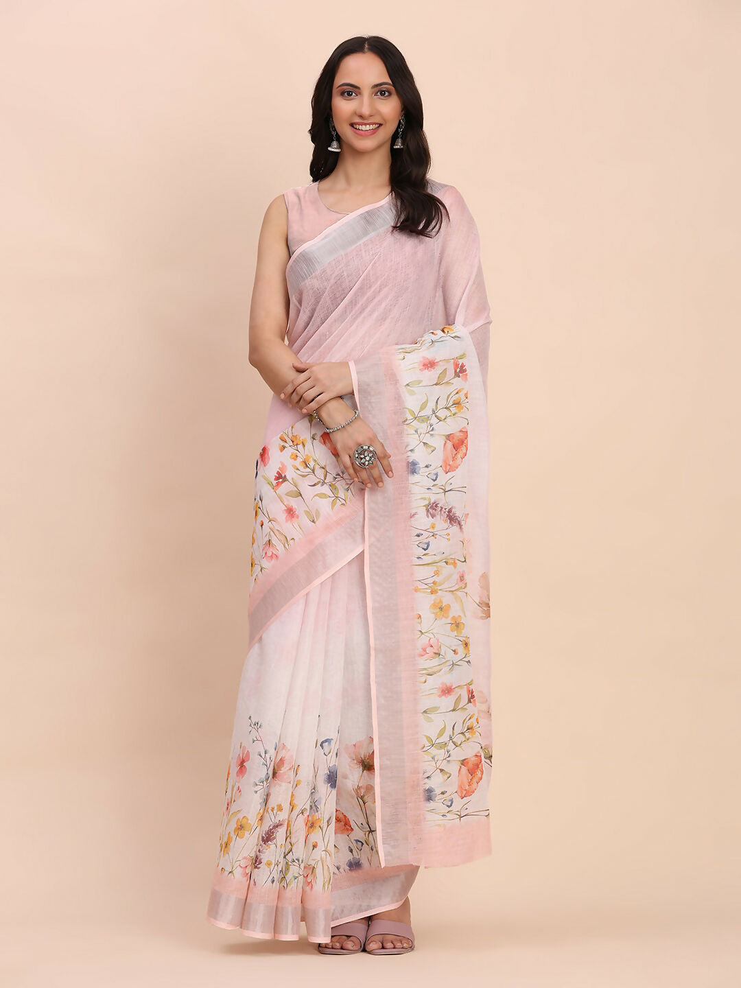 Light Pink Linen Cotton Saree with Matching Blouse