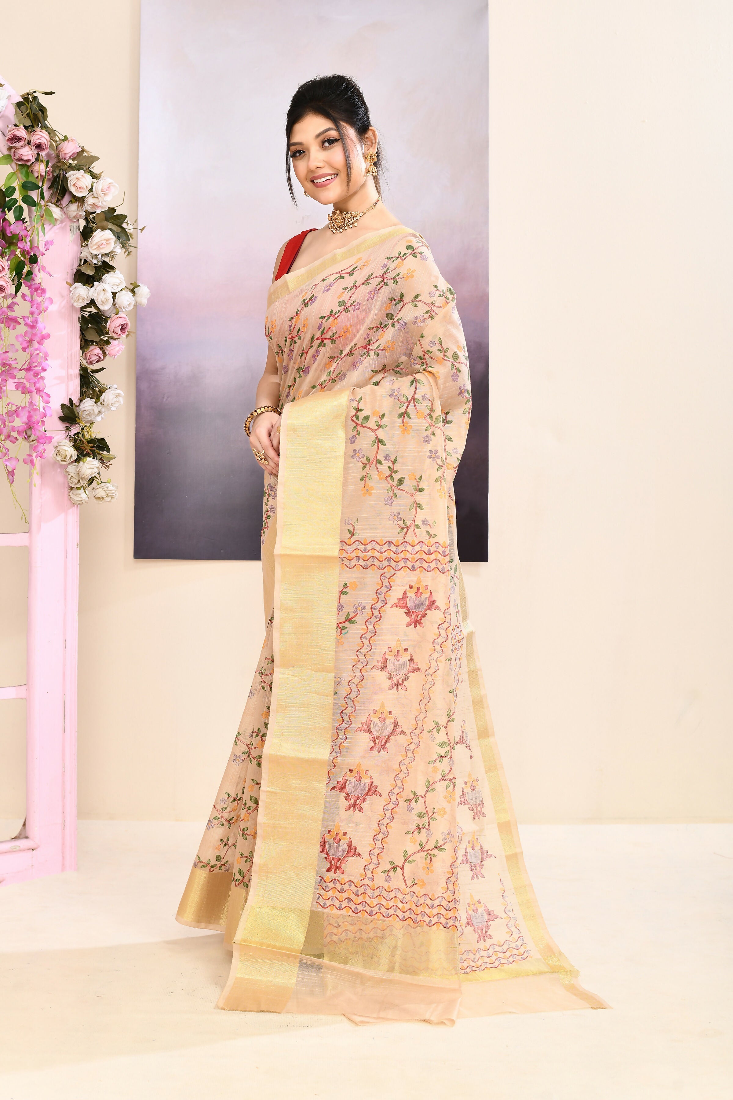 Beige Cotton Blend Printed Saree with Embellished Details
