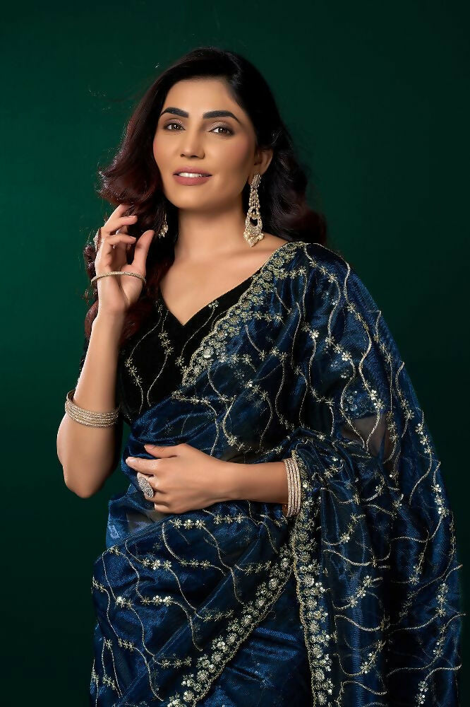 Navy Blue Net Party Wear Saree with Black Velvet Blouse Set