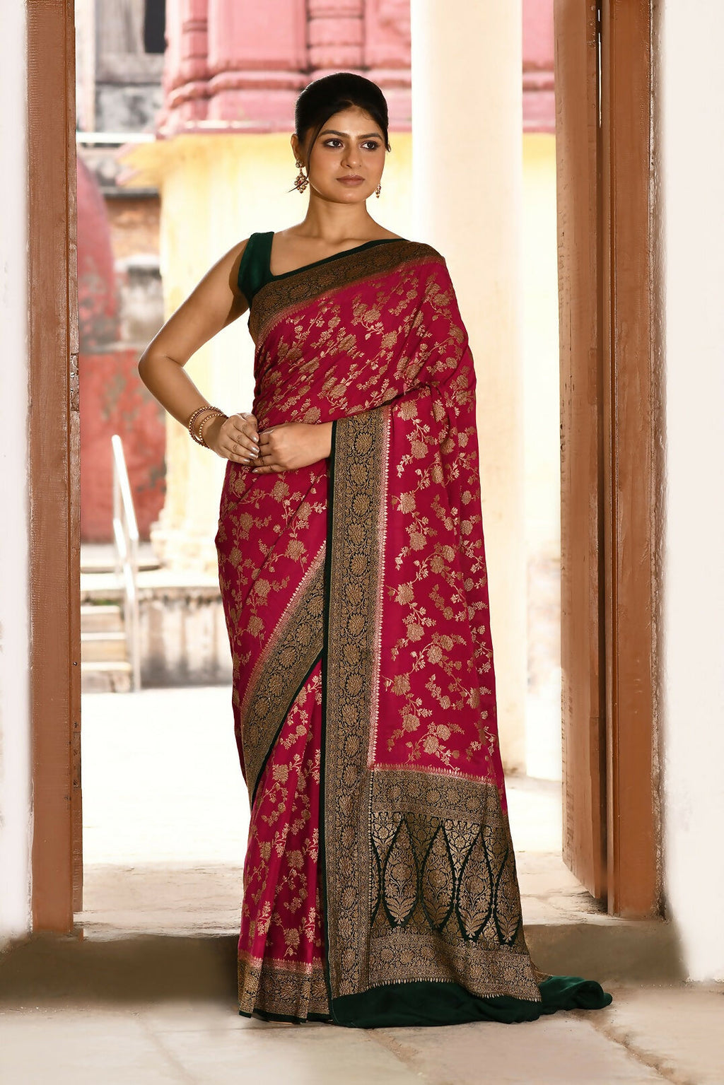 Hot pink crepe chiffon handloom Banarasi silk saree with traditional weaving