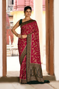 Hot pink crepe chiffon handloom Banarasi silk saree with traditional weaving