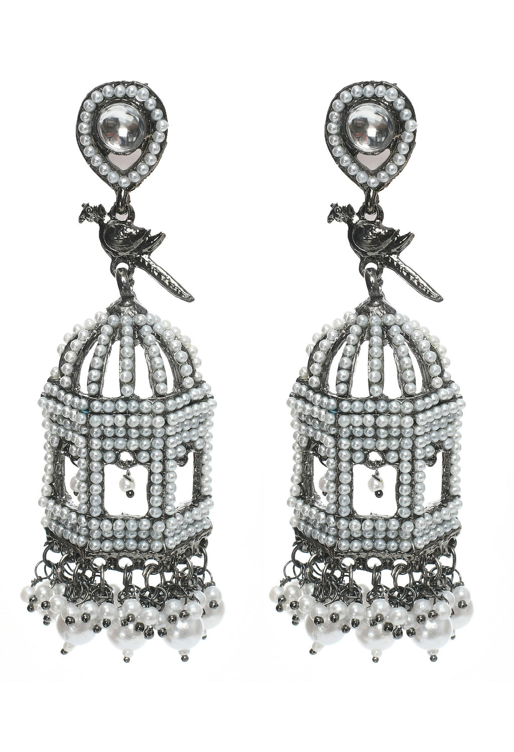 Silver color bird nest earrings featuring pearl accents