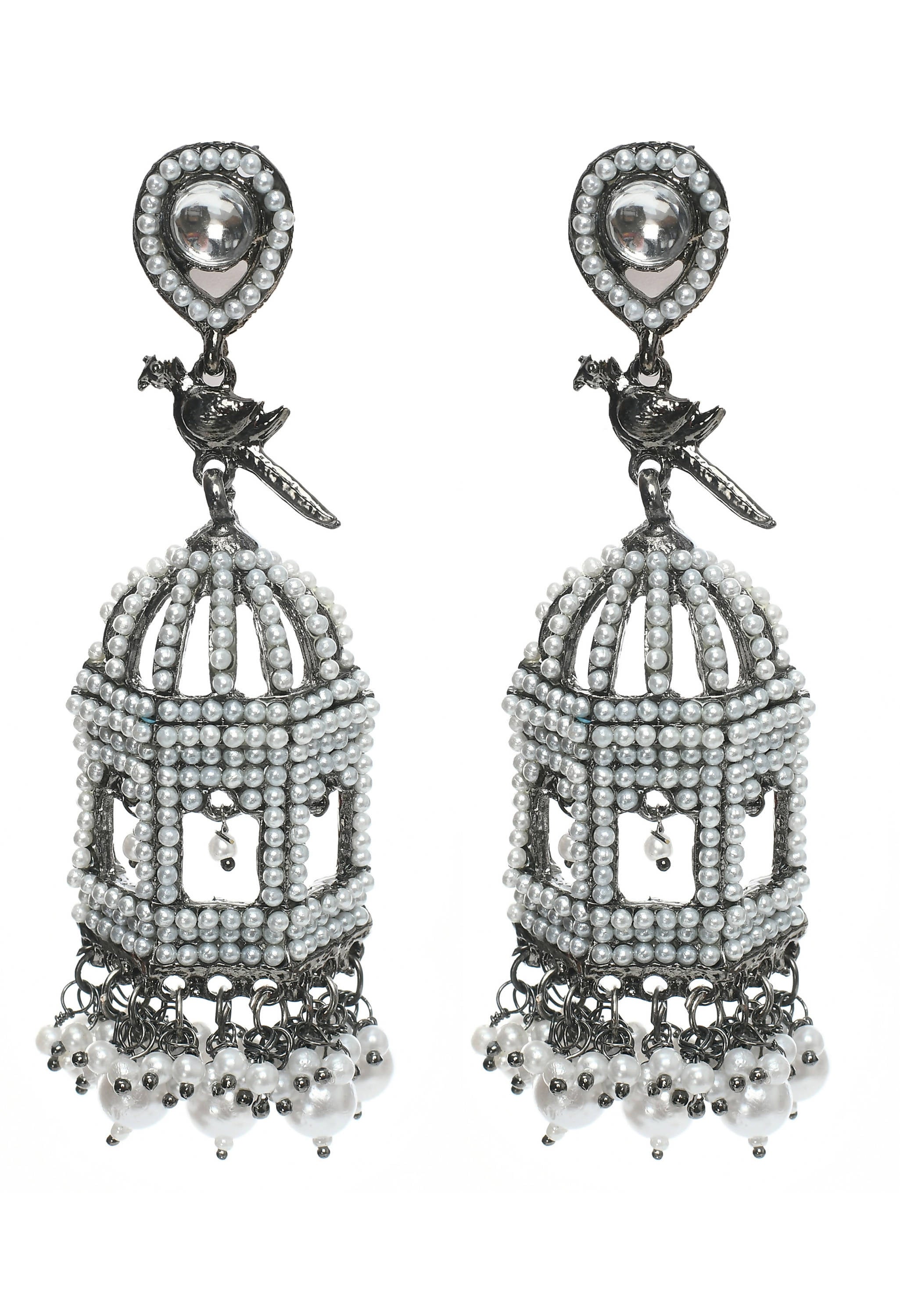 Silver color bird nest earrings featuring pearl accents