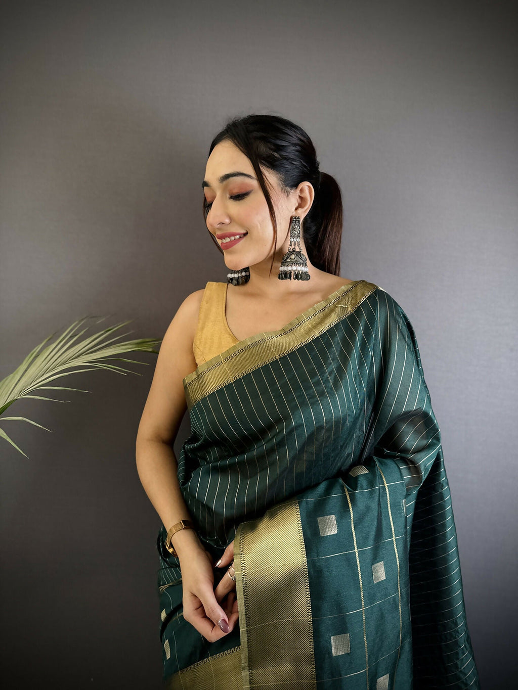 Teal Bhagalpuri Cotton Silk Striped Box Pattern Saree