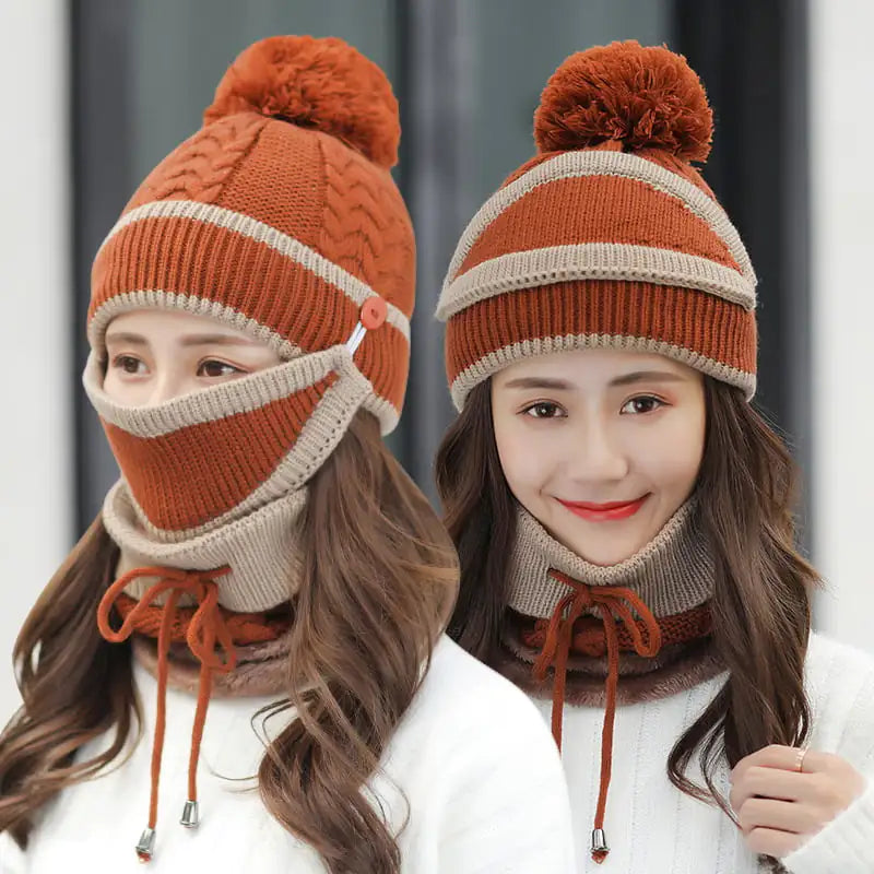 Women's 3-Piece Knitted Beanie Hat and Scarf Set with Face Mask - Image 2
