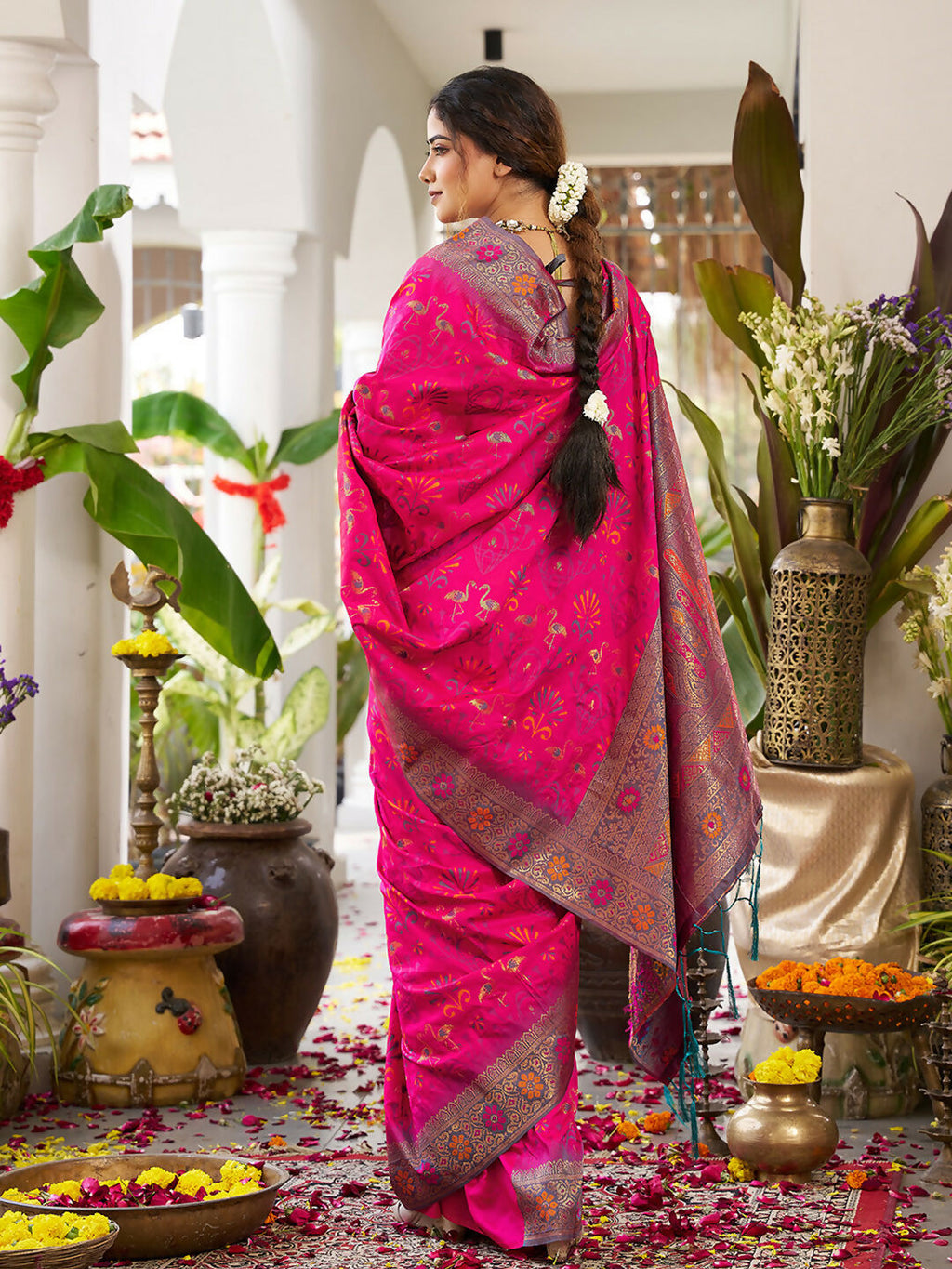 Pink Soft Silk Saree with Grey Blouse