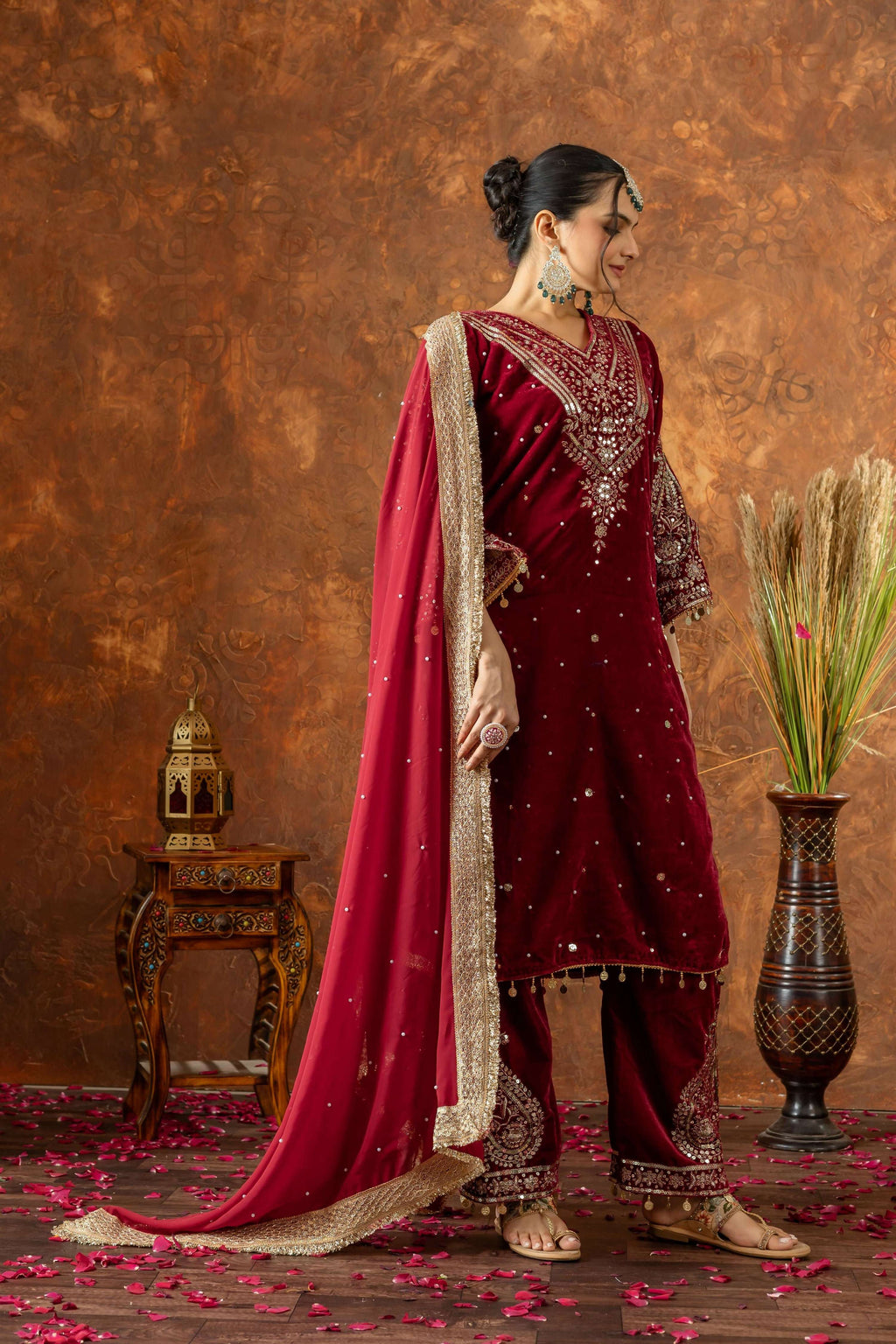 Joban Fashion Deep Maroon Velvet Embroidery Kurta Set