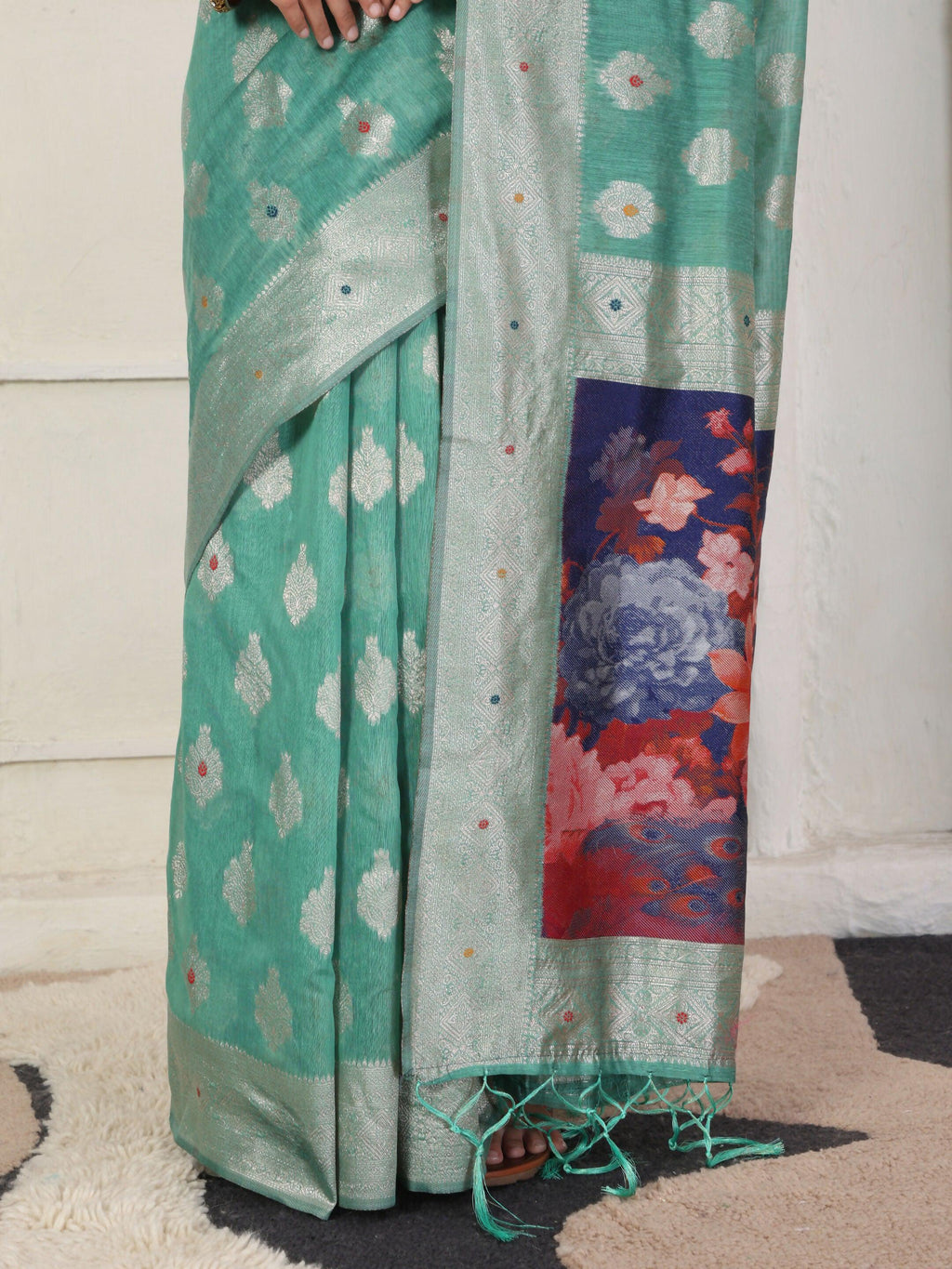 Rama Green Linen Cotton Saree with Matching Blouse