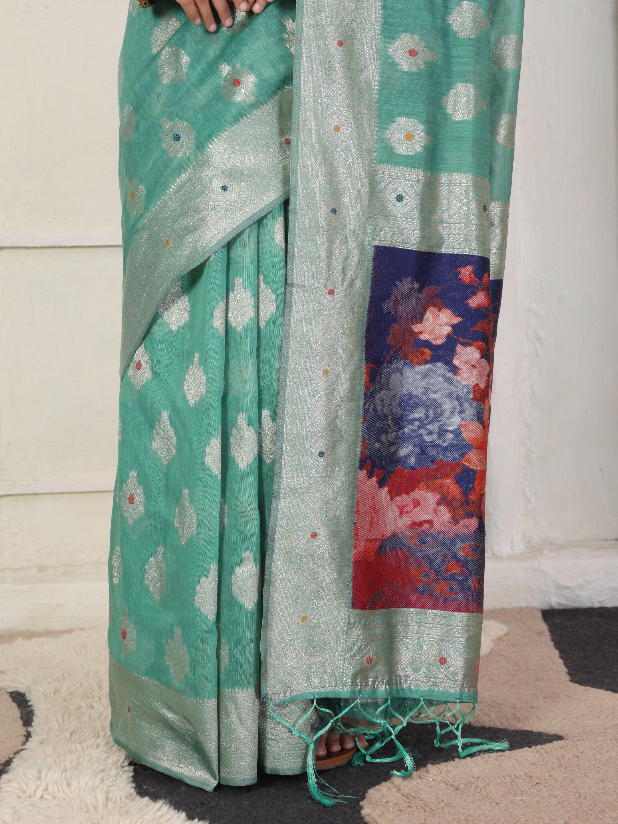 Rama Green Linen Cotton Saree with Matching Blouse