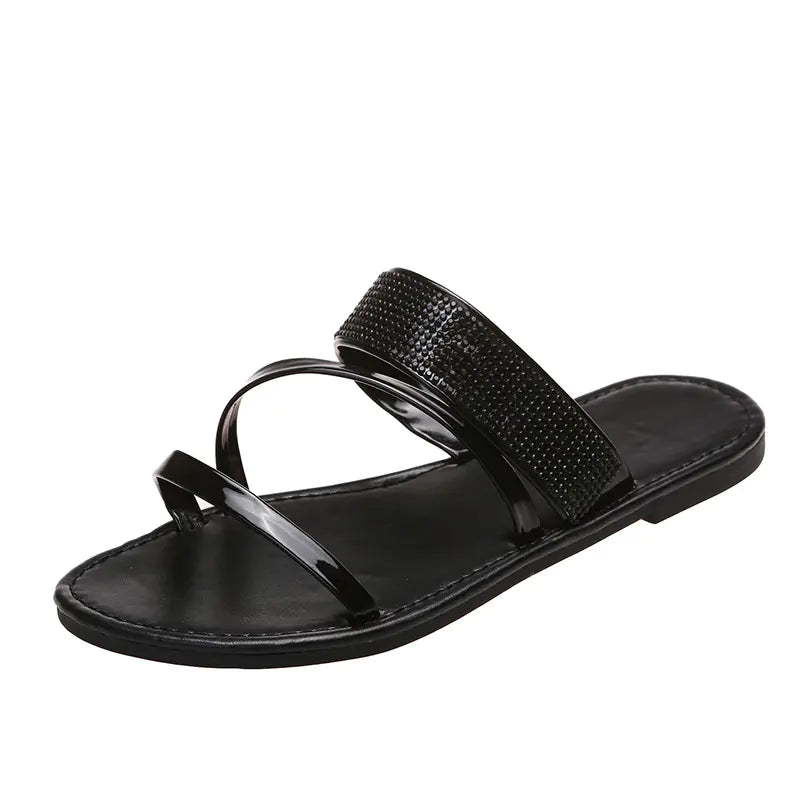 Women's Black Rhinestone Slip-On Casual Sandals Flat Footwear - Image 25