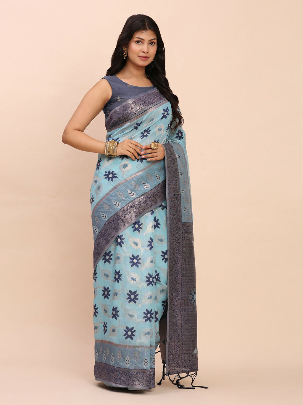 Shree Shyam Fashion Linen Cotton Sky Blue Saree