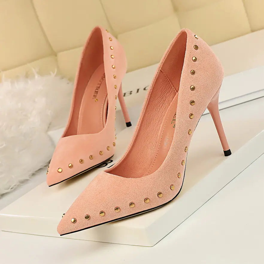Women's Suede High Heels - Pointed Toe Studs