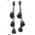 Antique Silver Oxidized Kashmiri jhumka earrings with triple hanging design and long chain.