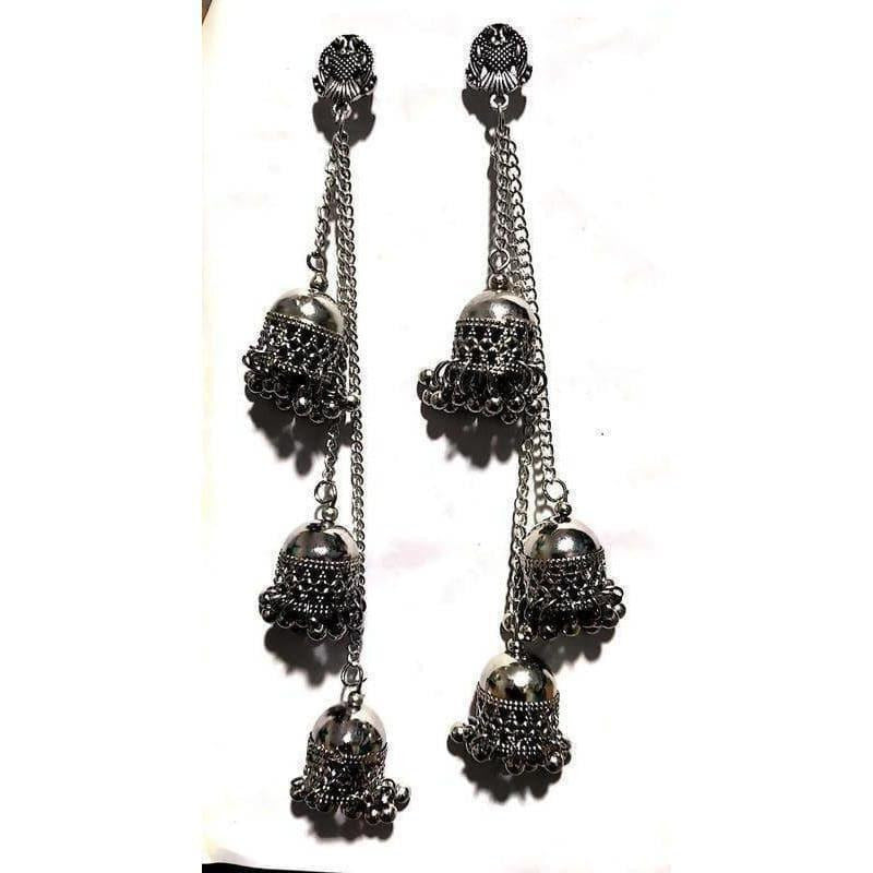 Antique Silver Oxidized Kashmiri jhumka earrings with triple hanging design and long chain.