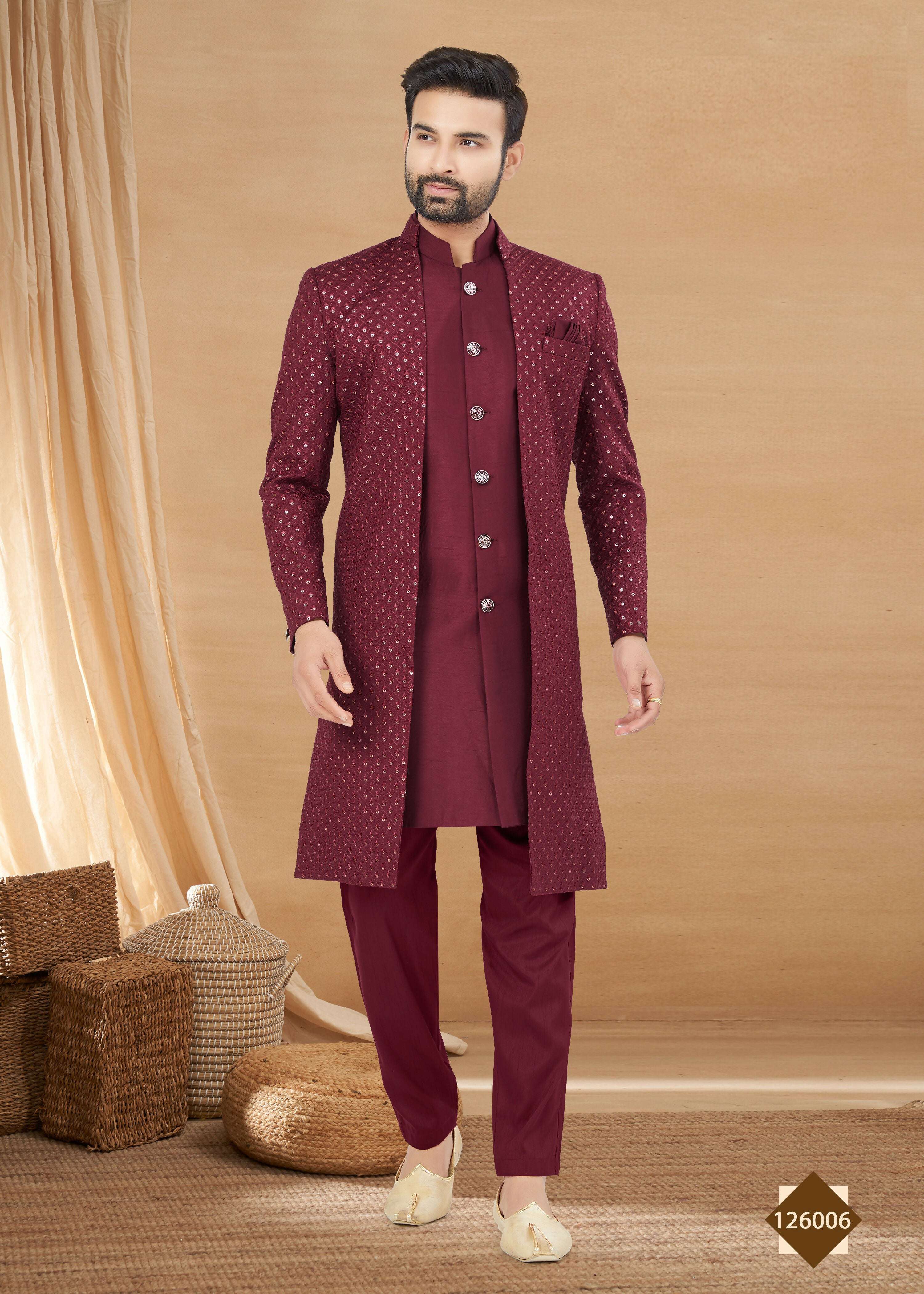 Men's Maroon Heavy Art Silk Indowestern Set with Jacket and Kurta