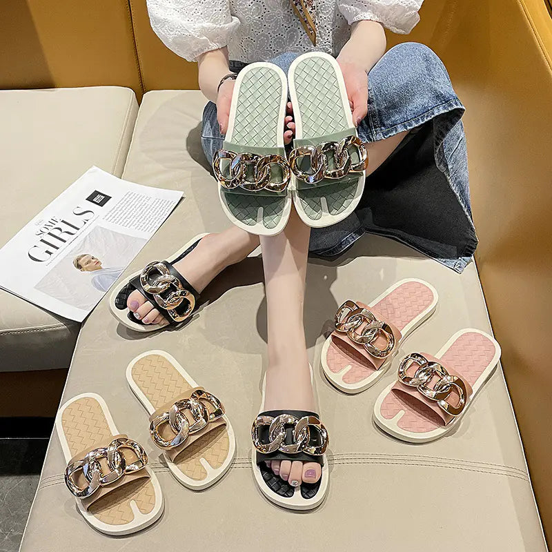 Women's Fashion Chain Detail Slide Sandals Beach Slippers - Image 16